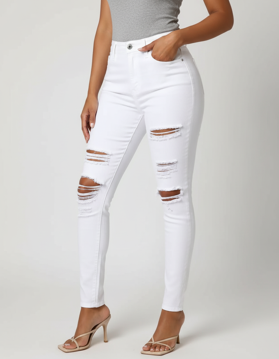 Pantalon Blanc Déchiré Skinny Taille Haute Femme - Jean