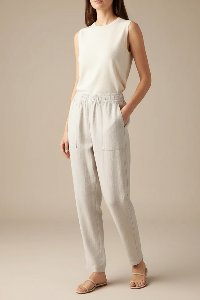 Pantalon Blanc Lin Fluide Décontracté Femme Léger - Beige