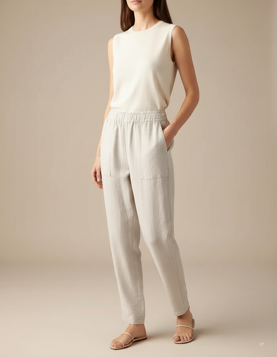Pantalon Blanc Lin Fluide Décontracté Femme Léger - Beige