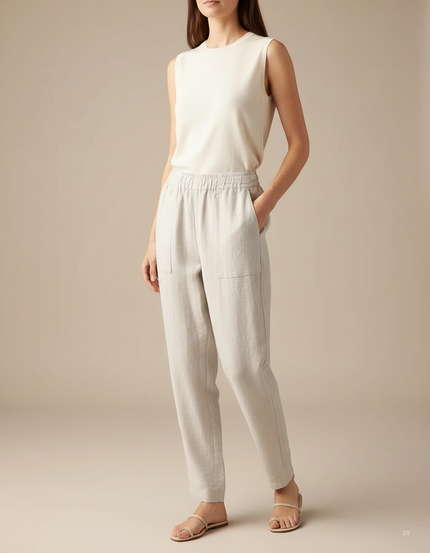 Pantalon Blanc Lin Fluide Décontracté Femme Léger - Beige