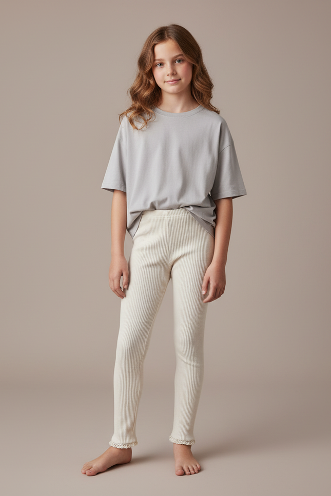 Pantalon Blanc Tricoté Côtelé Confortable Enfant Fille - Beige Maille