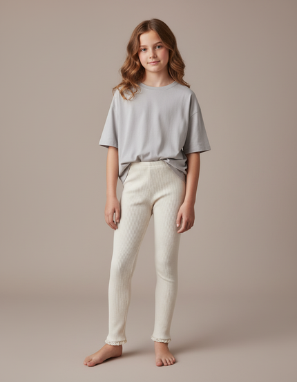 Pantalon Blanc Tricoté Côtelé Confortable Enfant Fille - Beige Maille