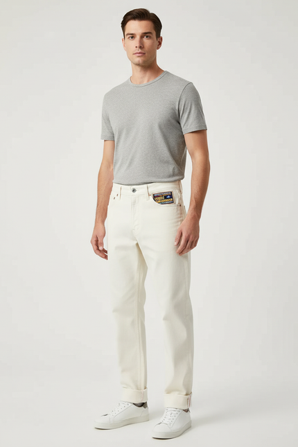 Pantalon Blanc Écru Droit Décontracté Homme Coton - Jean