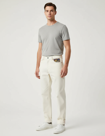 Pantalon Blanc Écru Droit Décontracté Homme Coton - Jean