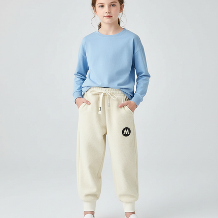 Pantalon Blanc Côtelé Ample Décontracté Enfant Logo - Beige Cordé