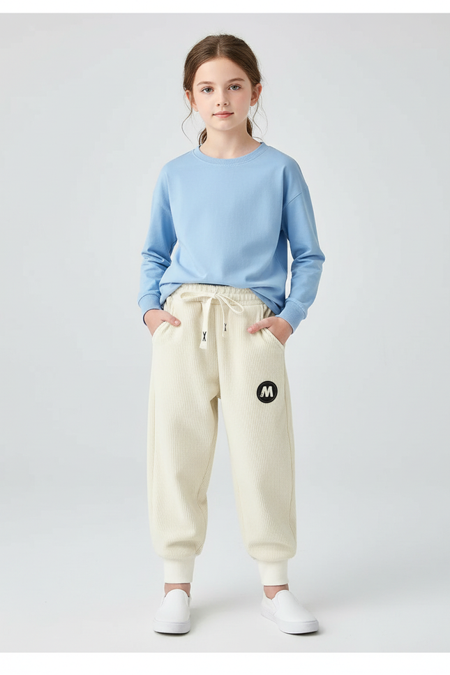 Pantalon Blanc Côtelé Ample Décontracté Enfant Logo - Beige Cordé