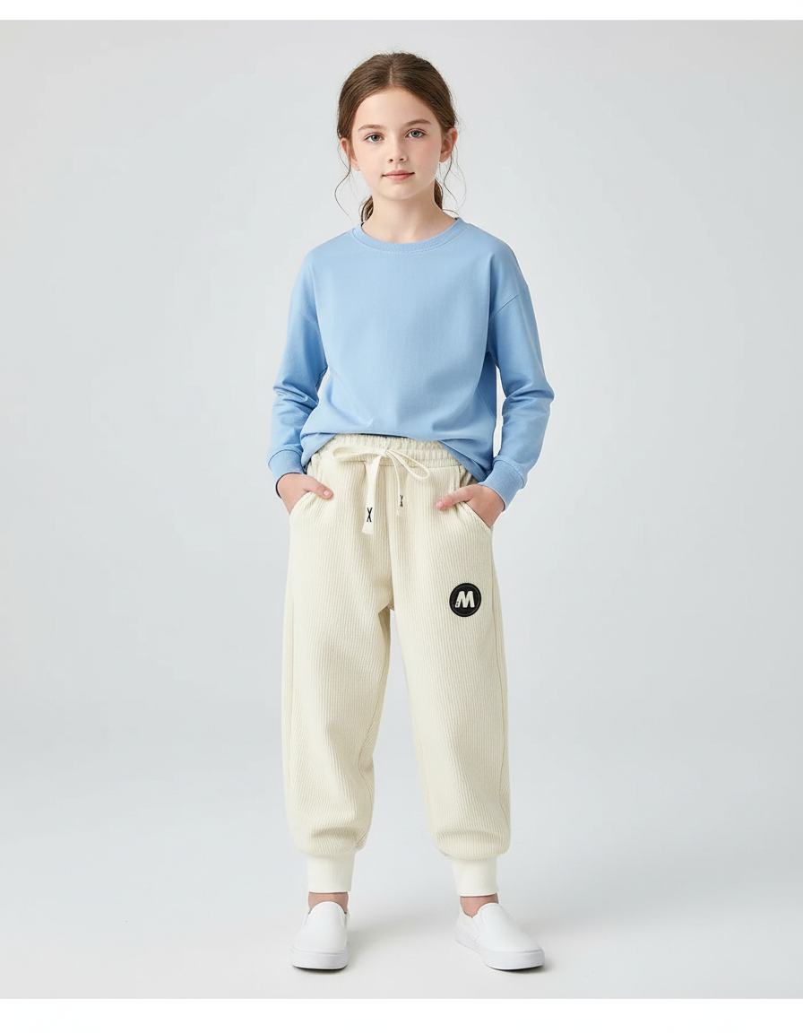 Pantalon Blanc Côtelé Ample Décontracté Enfant Logo - Beige Cordé