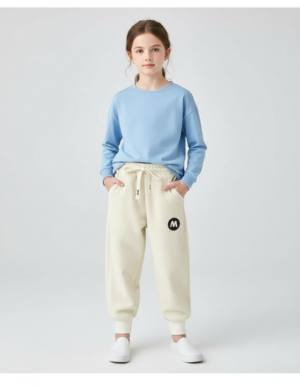 Pantalon Blanc Côtelé Ample Décontracté Enfant Logo - Beige Cordé