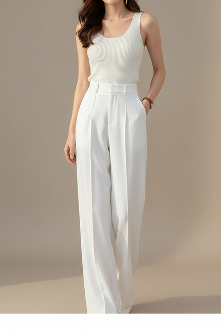 Pantalon Blanc Ample Taille Haute Jambe Large Décontracté - Polyester