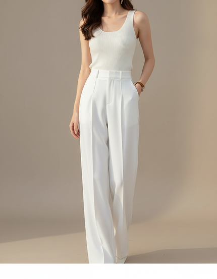Pantalon Blanc Ample Taille Haute Jambe Large Décontracté - Polyester