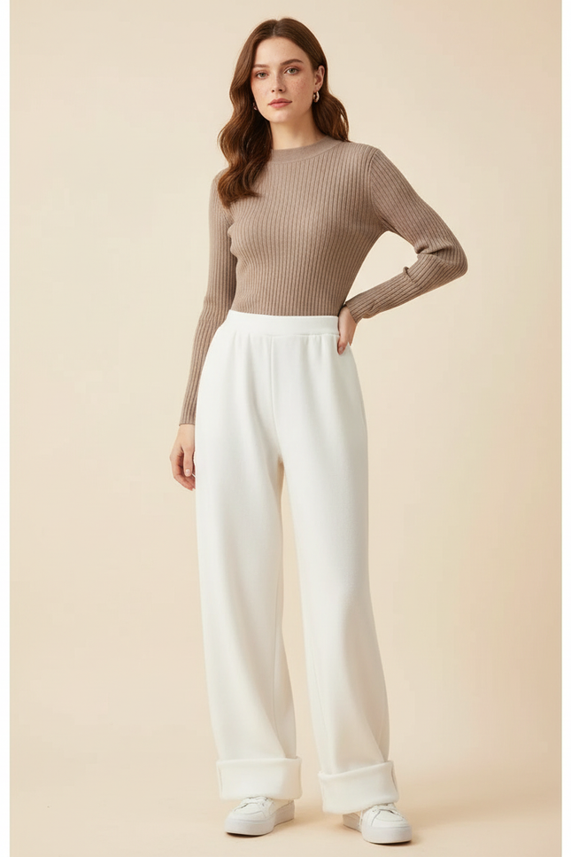 Pantalon Blanc Ample, Taille Haute, Molletonné, Décontracté
