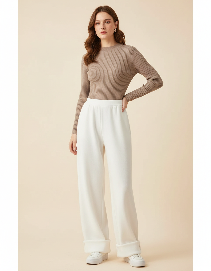 Pantalon Blanc Ample, Taille Haute, Molletonné, Décontracté