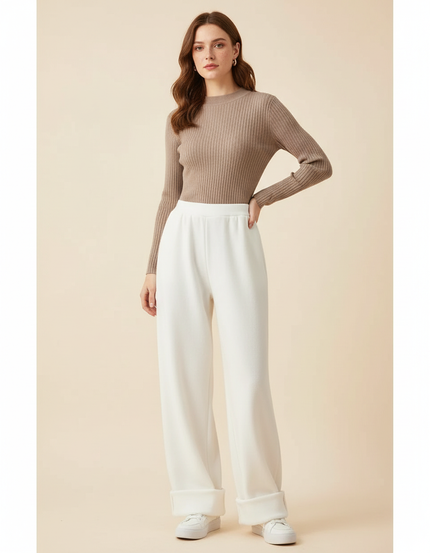 Pantalon Blanc Ample, Taille Haute, Molletonné, Décontracté