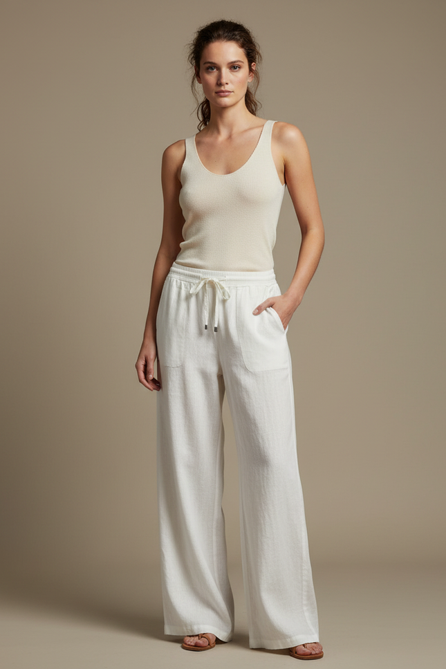 Pantalon Blanc Lin Ample Cordon Décontracté Femme