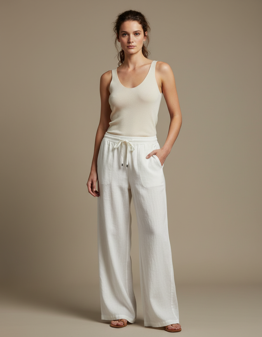 Pantalon Blanc Lin Ample Cordon Décontracté Femme