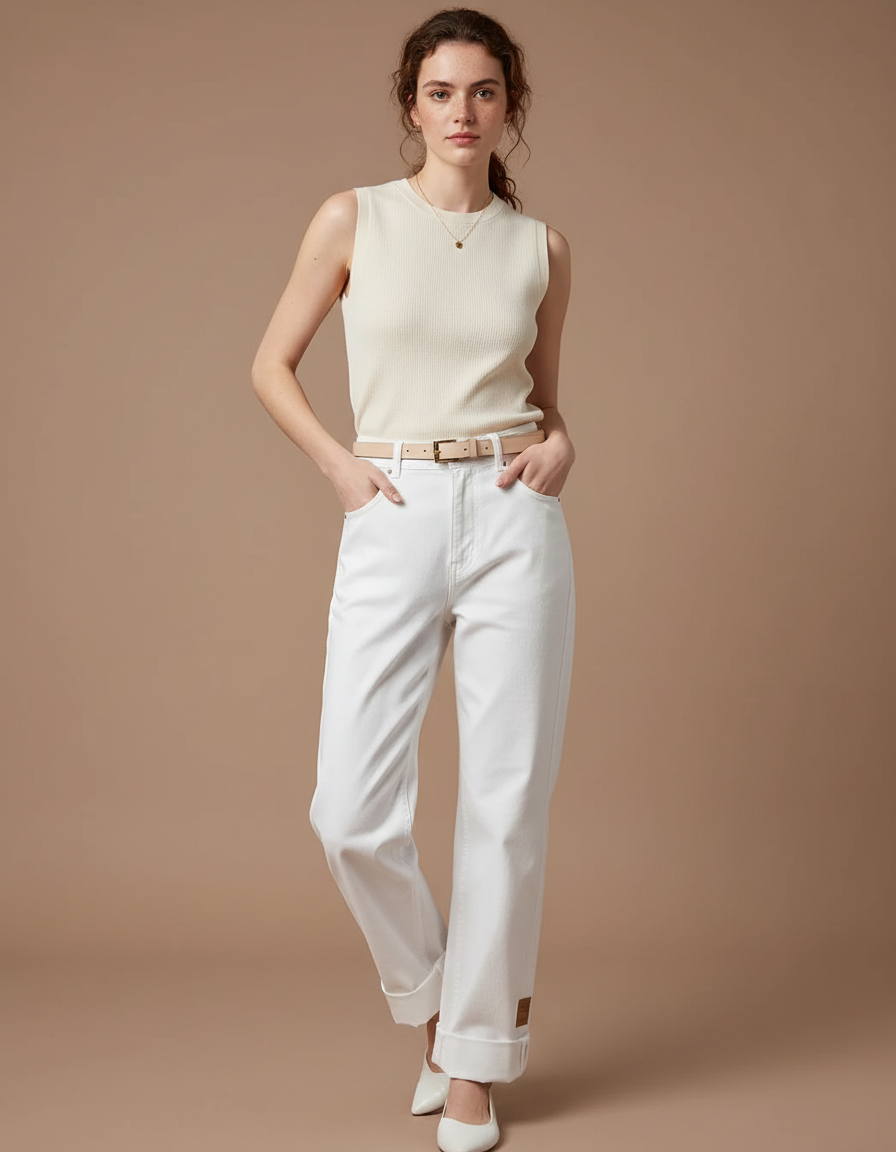 Pantalon Blanc Jean Droit Décontracté Femme