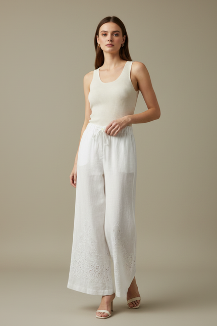 Pantalon Blanc Broderie Anglaise - Lin