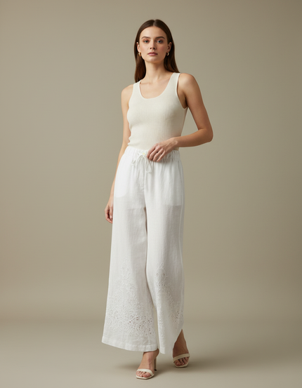 Pantalon Blanc Broderie Anglaise - Lin