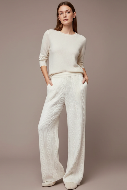Pantalon Blanc Tricoté Ample Confortable Femme Câblé - Maille