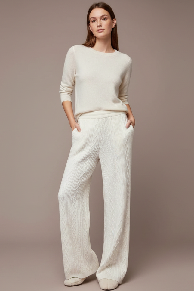 Pantalon Blanc Tricoté Ample Confortable Femme Câblé - Maille