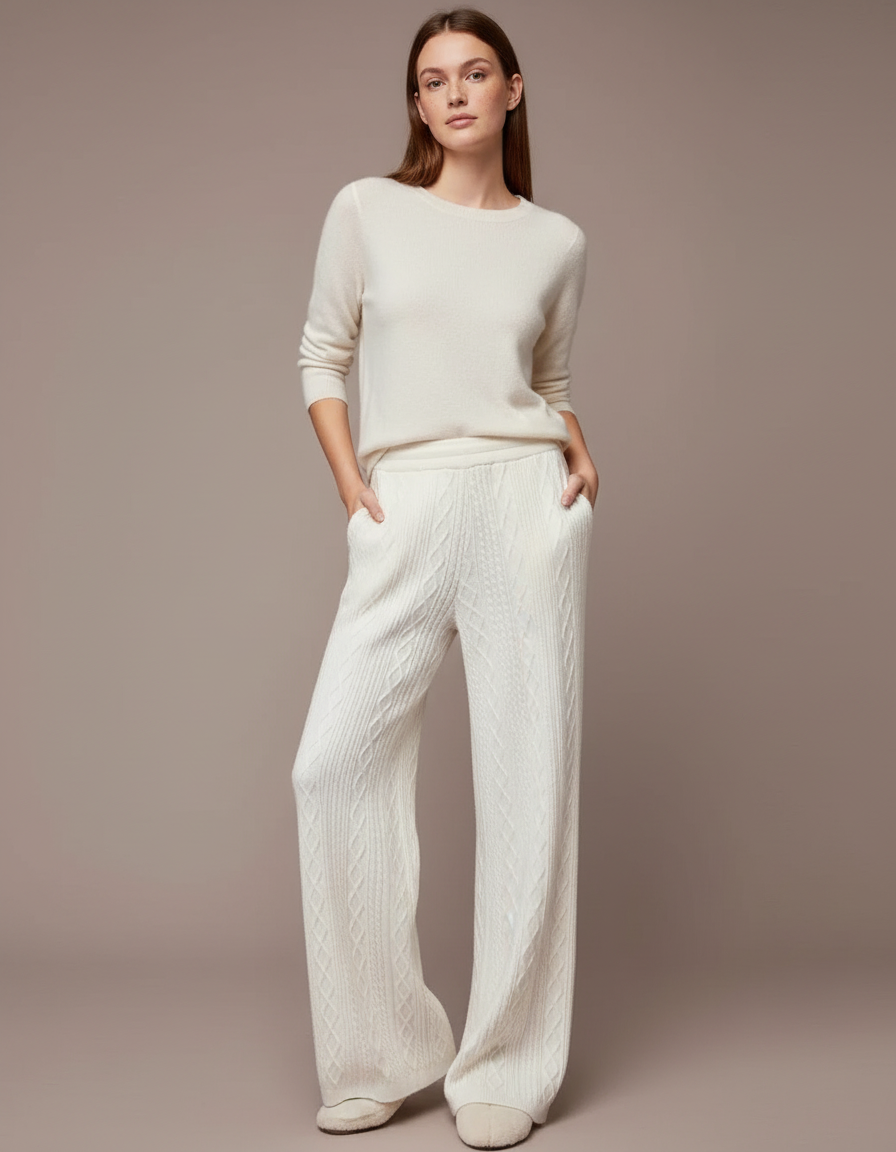 Pantalon Blanc Tricoté Ample Confortable Femme Câblé - Maille
