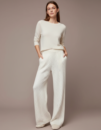Pantalon Blanc Tricoté Ample Confortable Femme Câblé - Maille