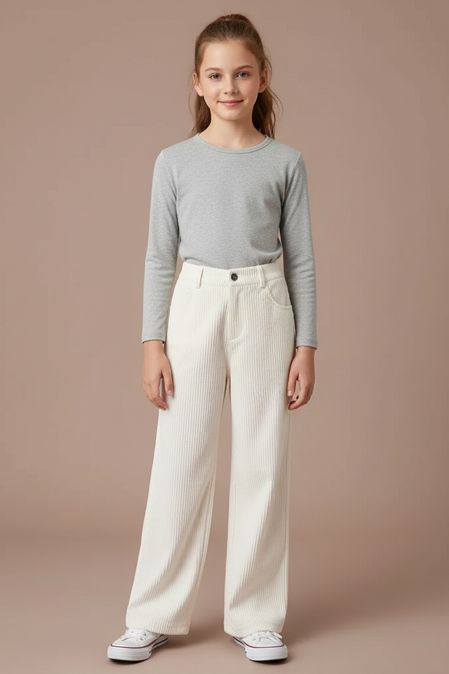 Pantalon Blanc Côtelé Ample Fille Décontracté - Cordé