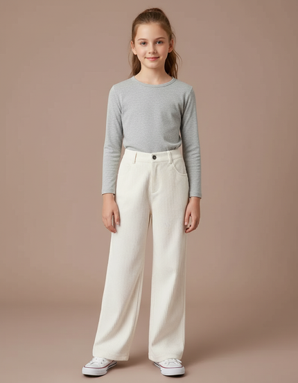 Pantalon Blanc Côtelé Ample Fille Décontracté - Cordé