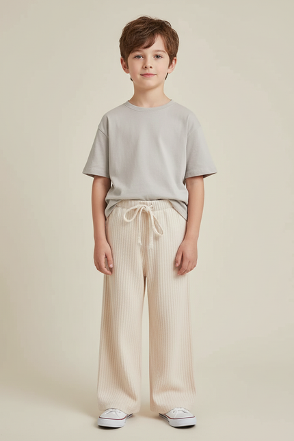 Pantalon Blanc Côtelé Ample Décontracté Enfant Cordon - Beige Cordé