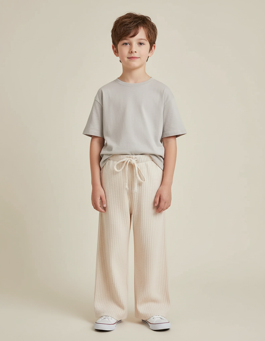 Pantalon Blanc Côtelé Ample Décontracté Enfant Cordon - Beige Cordé