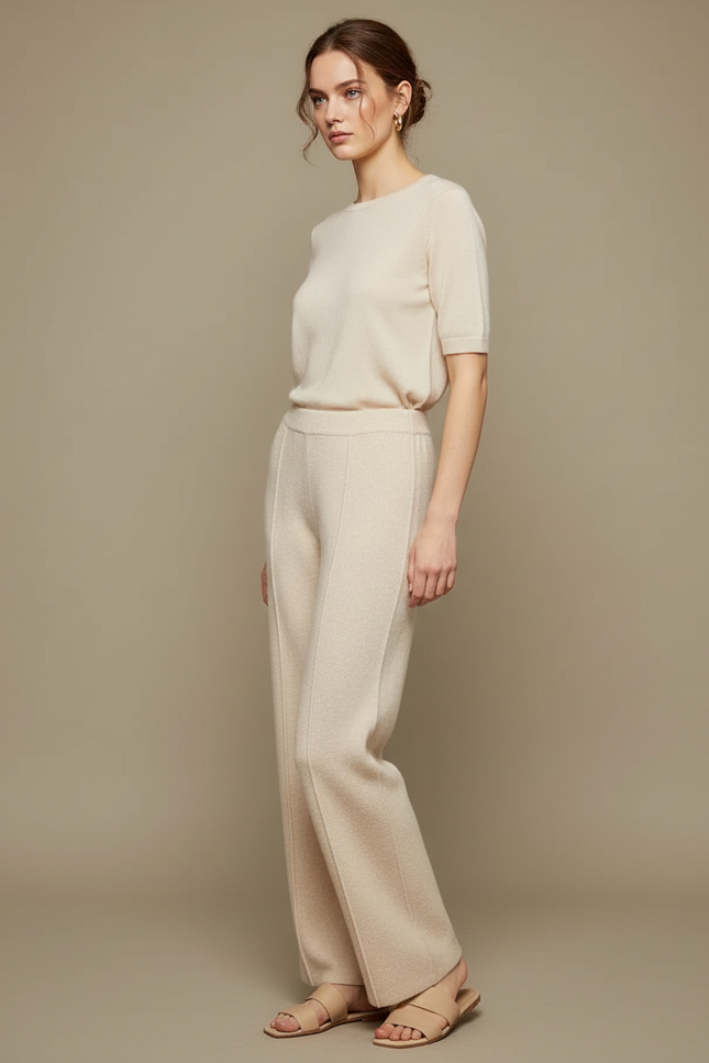 Pantalon Blanc Tricoté Ample Confortable Chaud Femme - Beige Maille