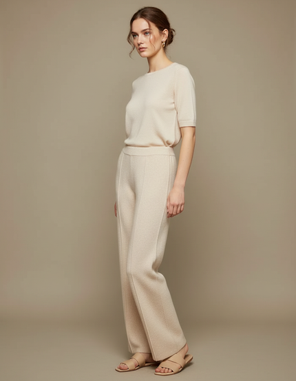 Pantalon Blanc Tricoté Ample Confortable Chaud Femme - Beige Maille