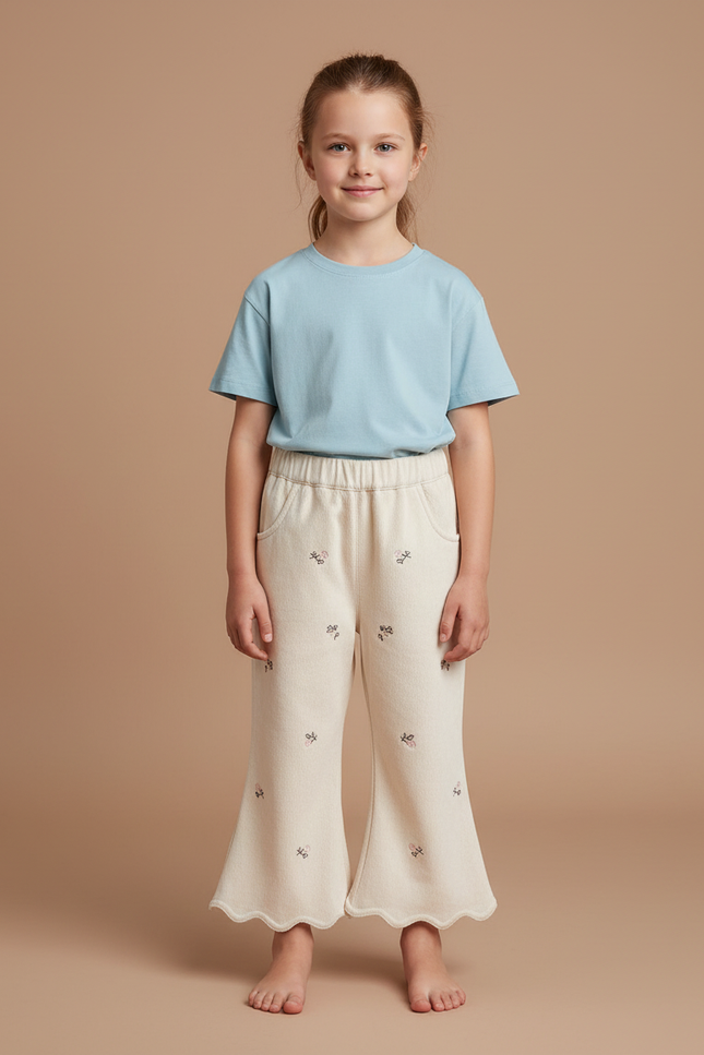 Pantalon Blanc Évasé Brodé Confortable Enfant Fille - Beige Molleton