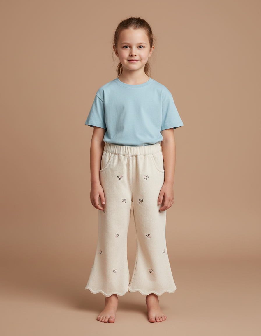 Pantalon Blanc Évasé Brodé Confortable Enfant Fille - Beige Molleton