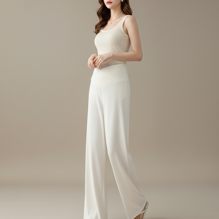 Pantalon Blanc Droit Ample Fluide Élégant Femme - Polyester