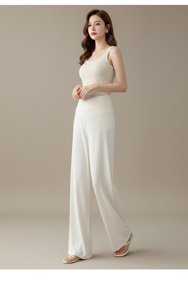Pantalon Blanc Droit Ample Fluide Élégant Femme - Polyester