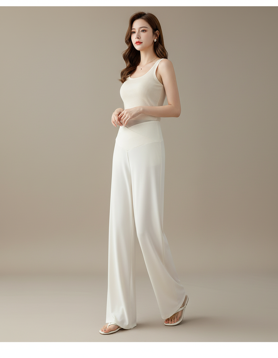 Pantalon Blanc Droit Ample Fluide Élégant Femme - Polyester