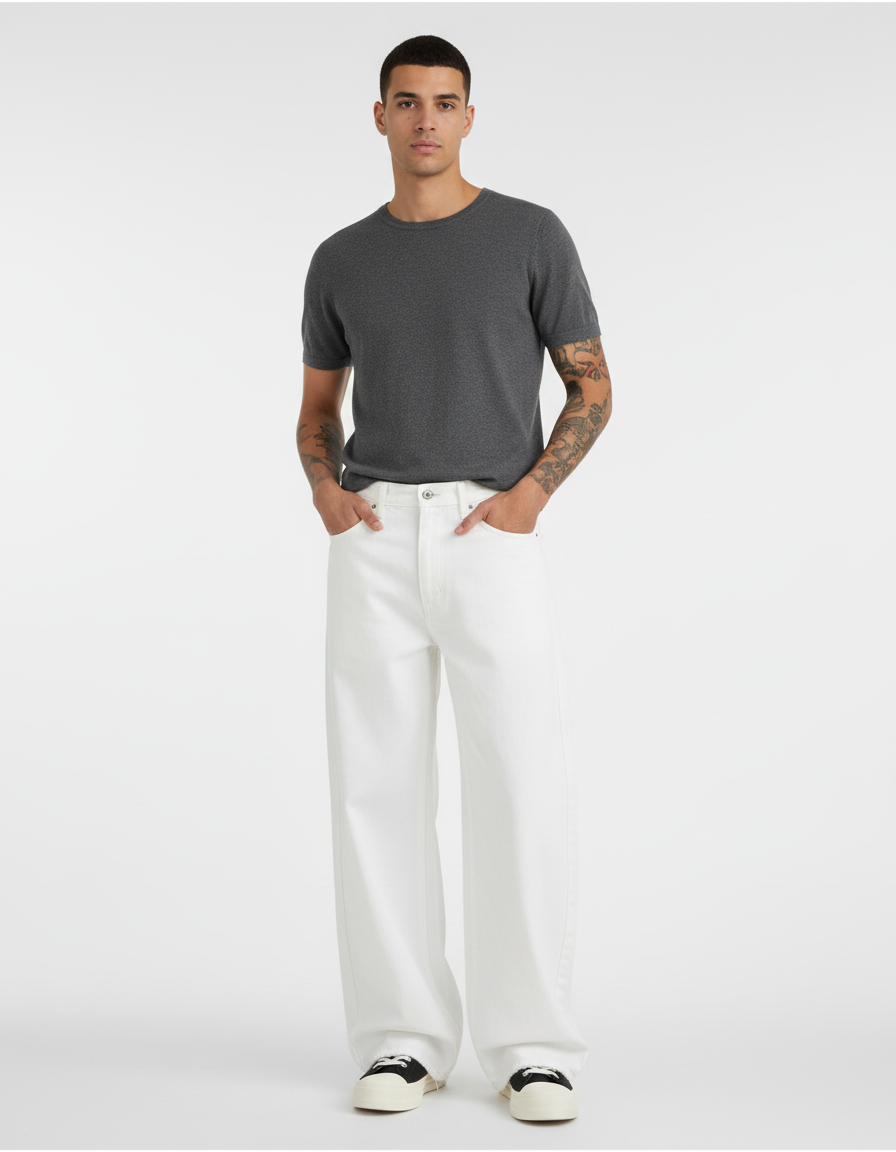 Pantalon Blanc Large Denim Unisexe Décontracté - Jean