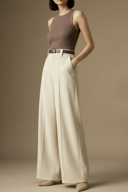 Pantalon Blanc Large Côtelé Plissé Élégant Femme - Beige Cordé