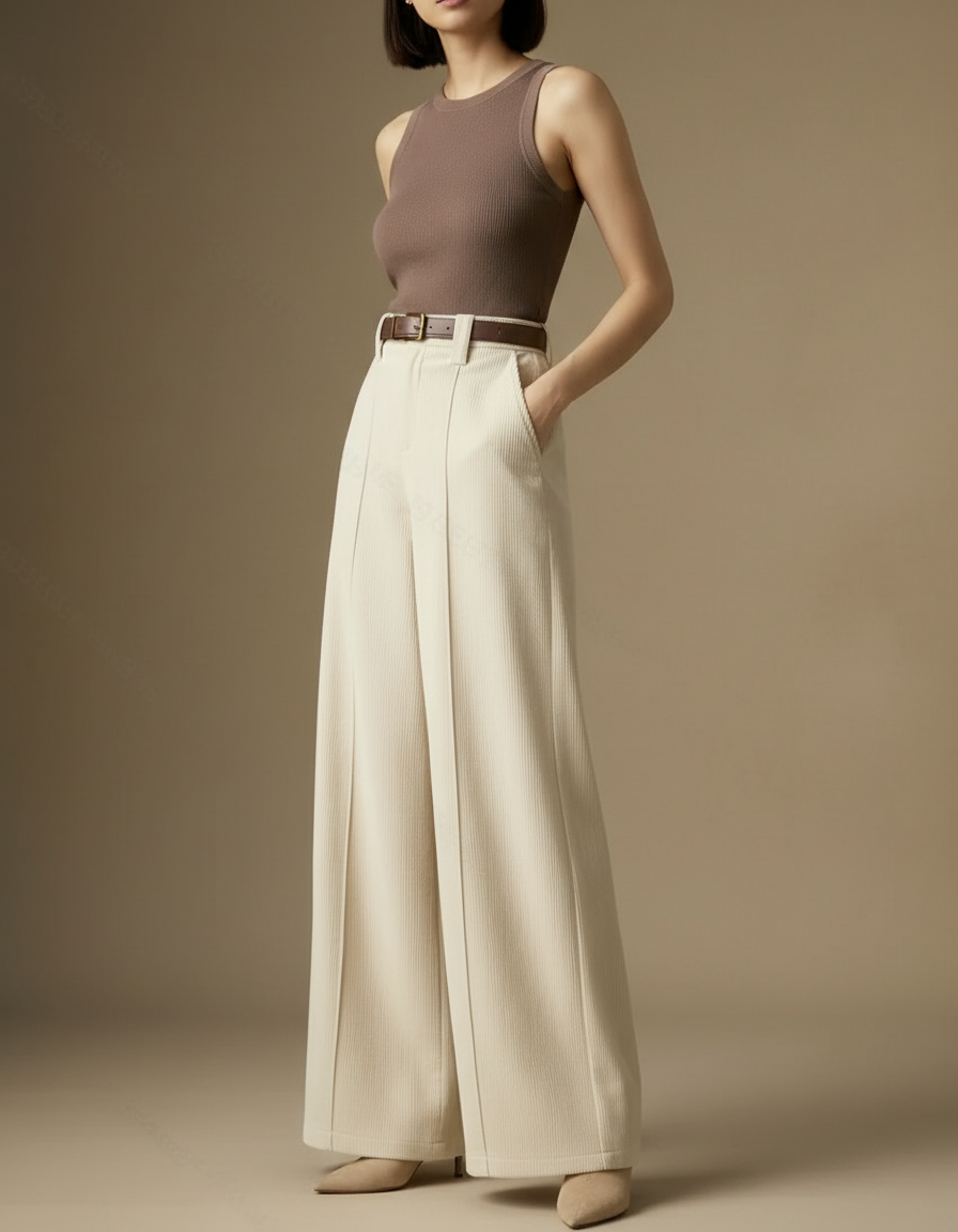 Pantalon Blanc Large Côtelé Plissé Élégant Femme - Beige Cordé