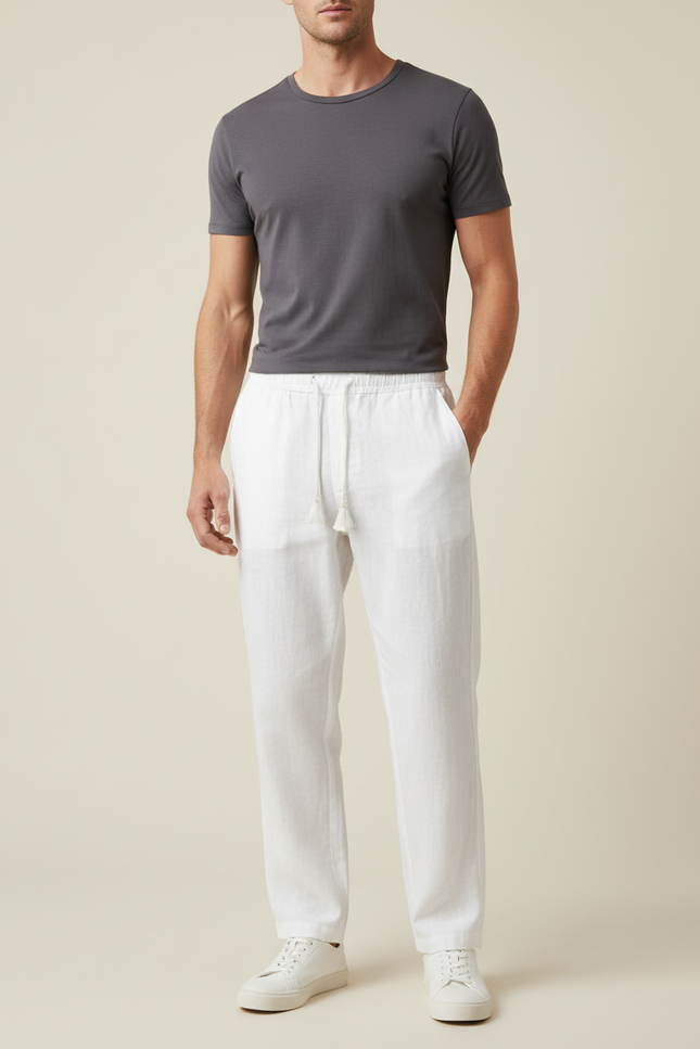 Pantalon Blanc Homme Décontracté Coton Lin Cordon