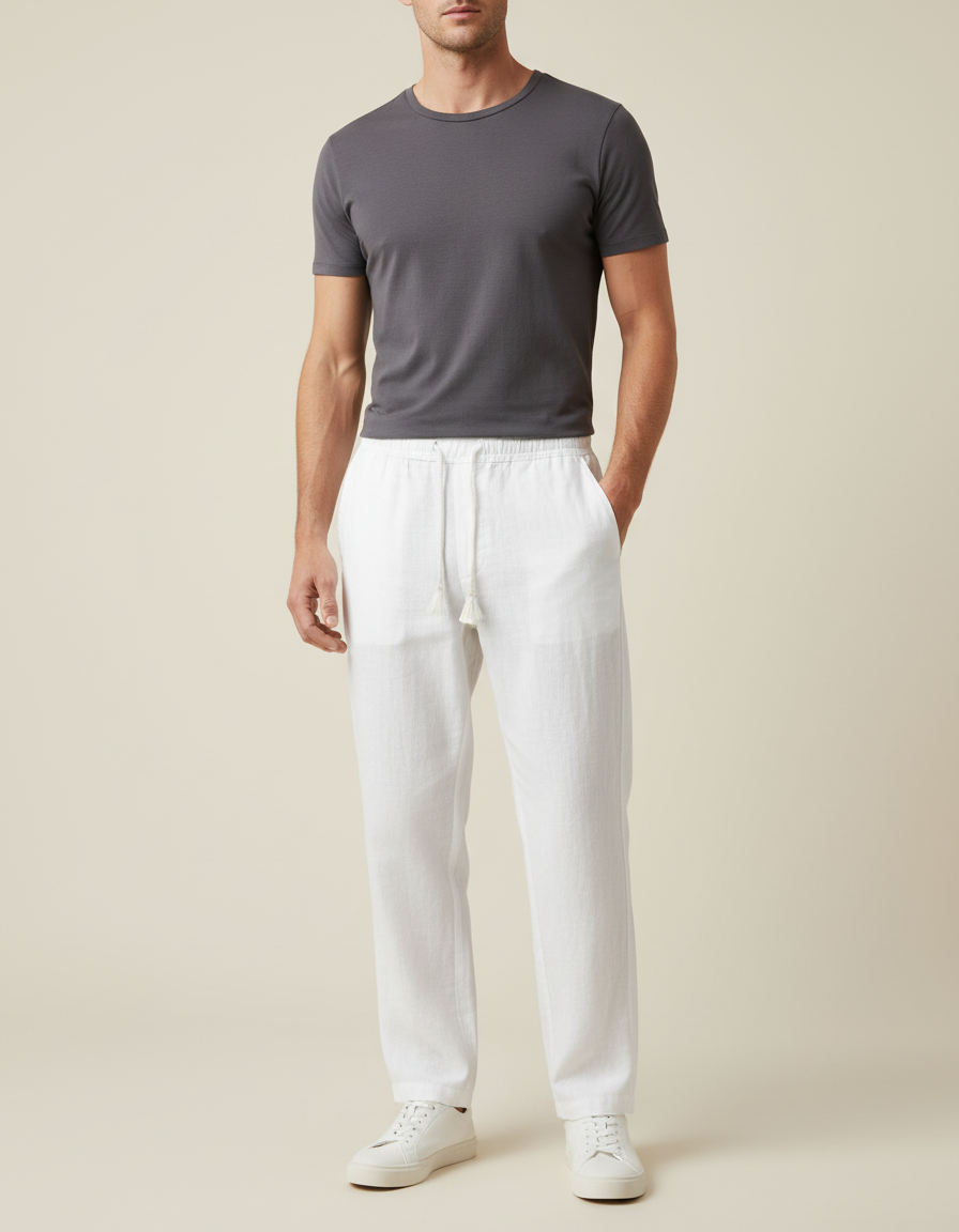 Pantalon Blanc Homme Décontracté Coton Lin Cordon