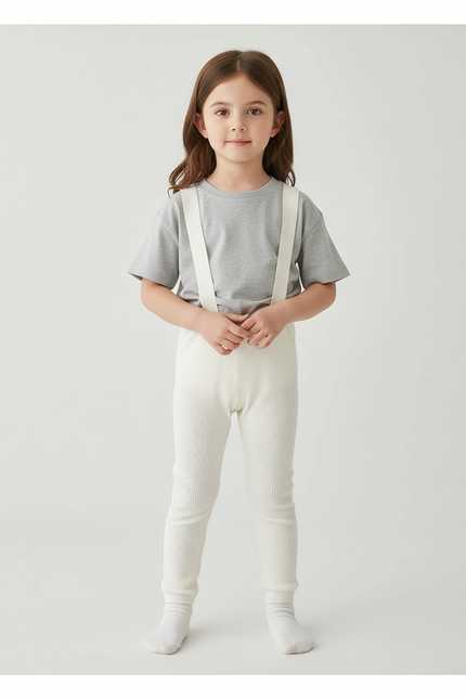 Pantalon Blanc Côtelé Tricoté Bretelles Enfant Fille - Maille