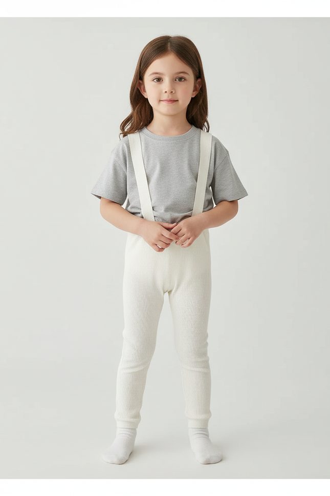 Pantalon Blanc Côtelé Tricoté Bretelles Enfant Fille - Maille