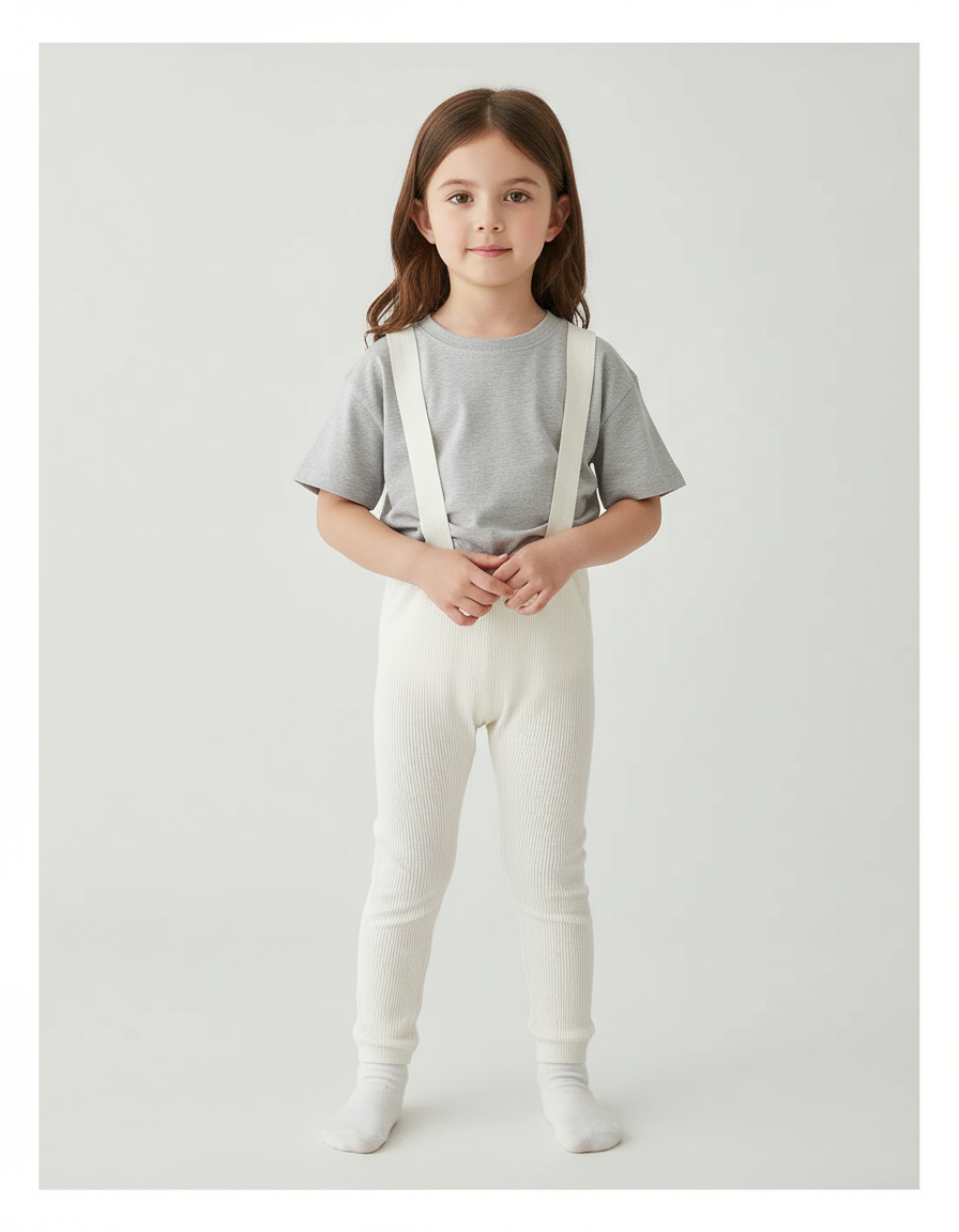 Pantalon Blanc Côtelé Tricoté Bretelles Enfant Fille - Maille