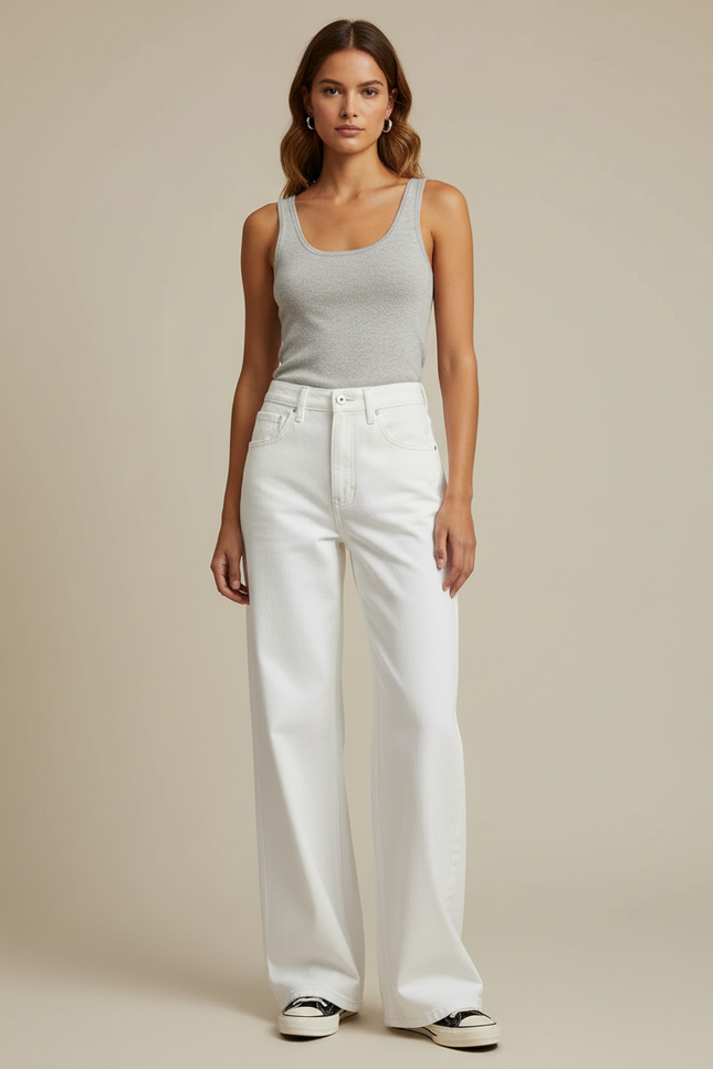 Pantalon Blanc Large Fluide Taille Haute Femme - Jean