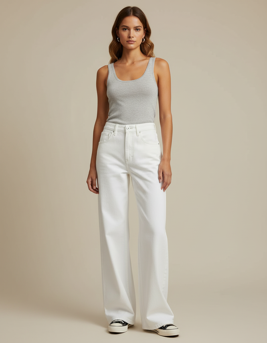 Pantalon Blanc Large Fluide Taille Haute Femme - Jean