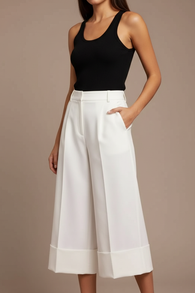 Pantalon Blanc Large Fluide Élégant Décontracté Femme - Polyester