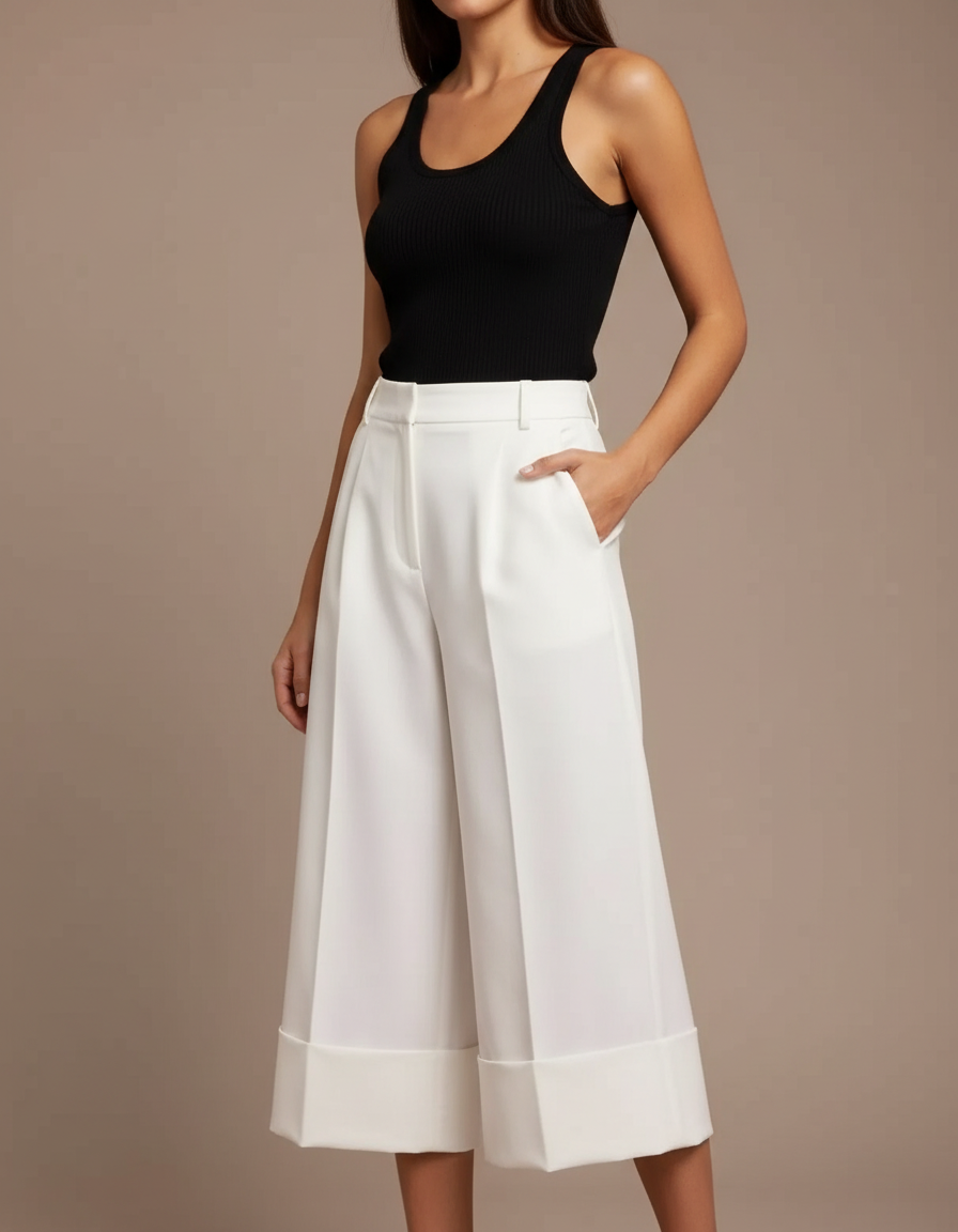Pantalon Blanc Large Fluide Élégant Décontracté Femme - Polyester