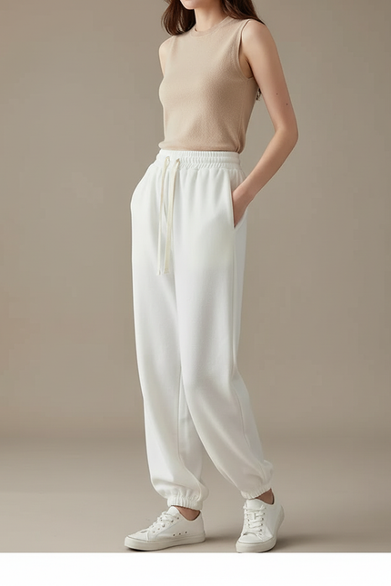 Pantalon Blanc Molletonné Confortable Décontracté Cordon